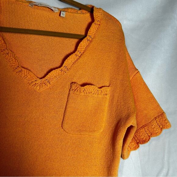 Soft Surroundings Scalloped V Neck Cotton Blend Short Sleeve Sweater Shirt Small - Picture 4 of 5